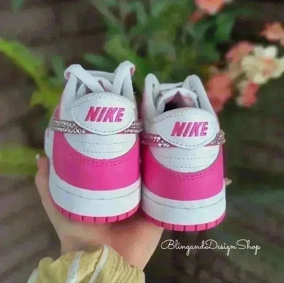 Swarovski Nike Dunk Low Pink Girls Kids Sneakers Shoes made with Clear Crystals - Picture 4 of 6